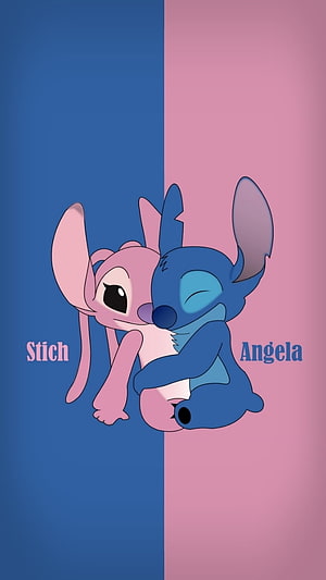 Stitch and Angel Cute Hugging Couple Wallpaper Blue and Pink Background HD phone wallpaper