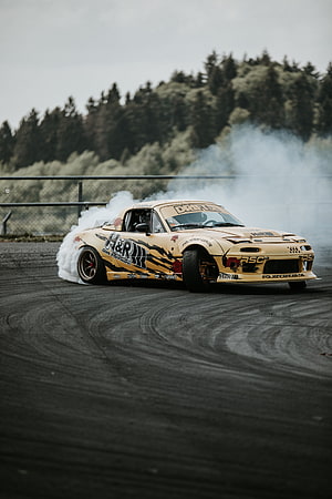 Gold Mazda RX-7 FD Drifting on Track with Smoke and Livery HD phone wallpaper