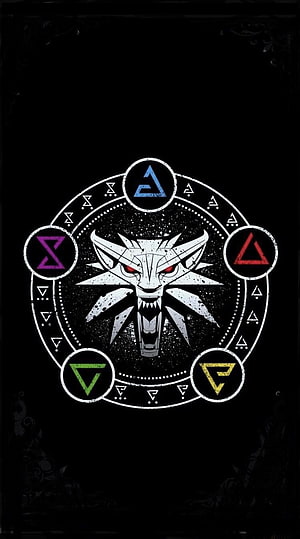 The Witcher Signs Symbol with White Wolf Emblem on Black Background HD phone wallpaper