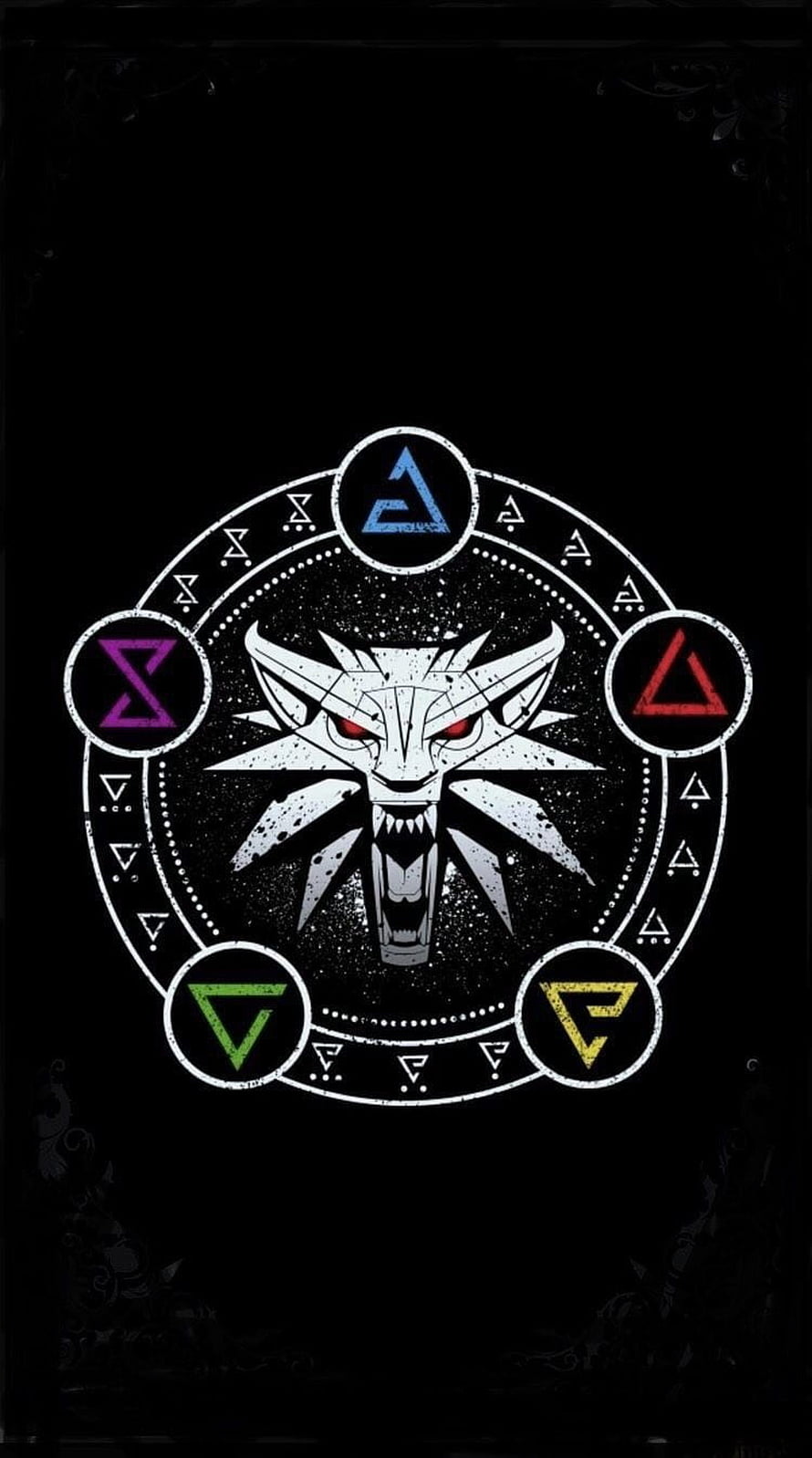 The Witcher Signs Symbol with White Wolf Emblem on Black Background HD phone wallpaper