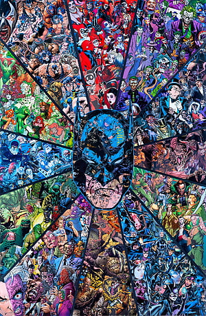 Batman Villains Collage Wallpaper Featuring Joker, Harley Quinn, Scarecrow, and Penguin in Comic Art Style, Superhero comic, Batman comics, Dc comics , Batman Collage HD phone wallpaper