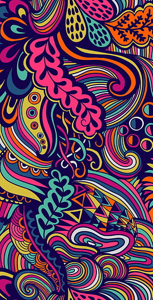 Vibrant Psychedelic Abstract Pattern with Swirling Floral Motifs and Geometric Shapes HD phone wallpaper