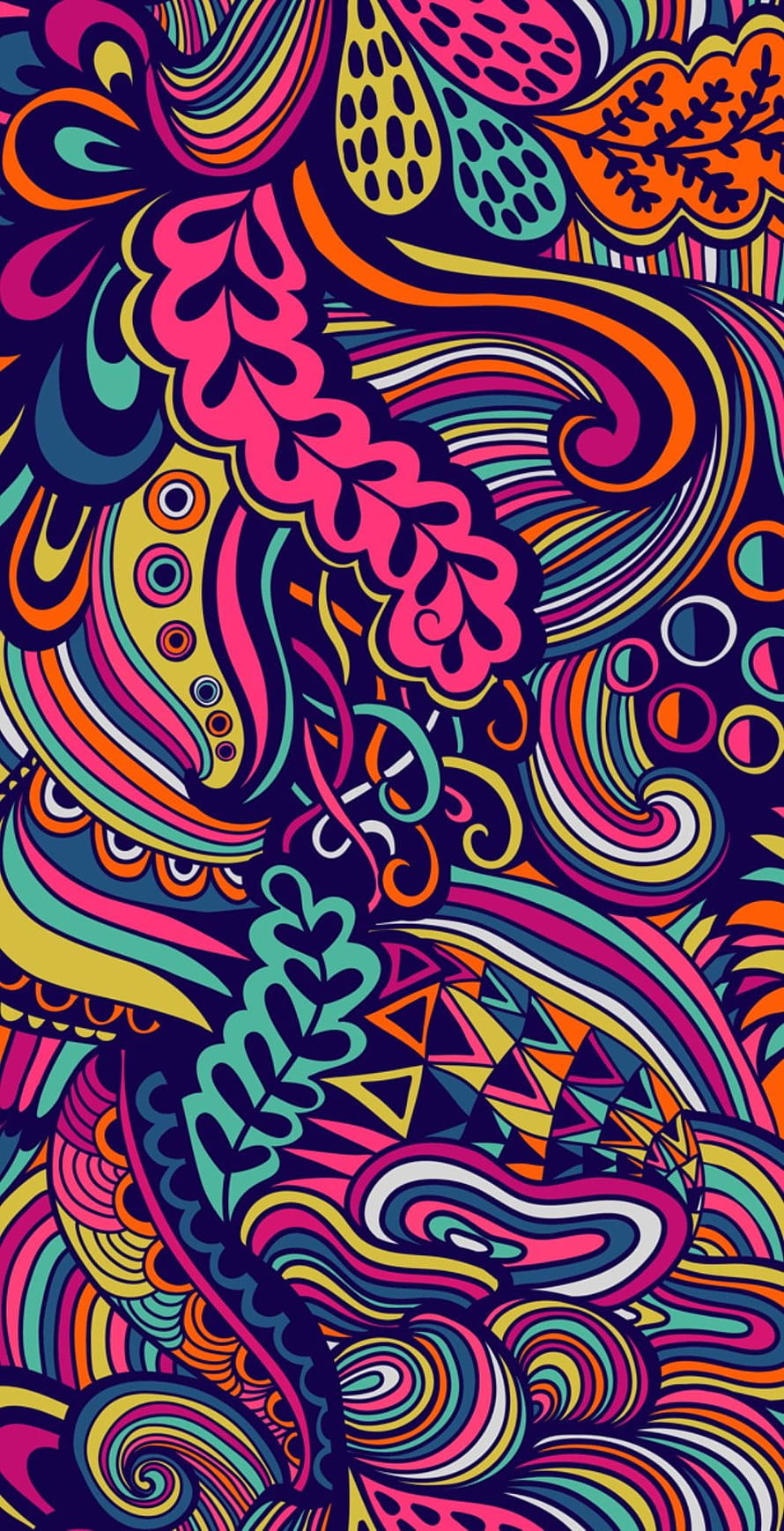 Vibrant Psychedelic Abstract Pattern with Swirling Floral Motifs and Geometric Shapes HD phone wallpaper