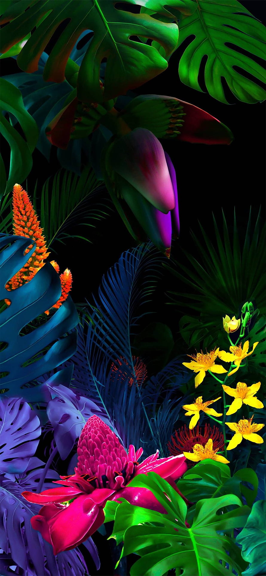 Vibrant Neon Tropical Jungle Wallpaper With Monstera Leaves And Exotic Flowers HD phone wallpaper