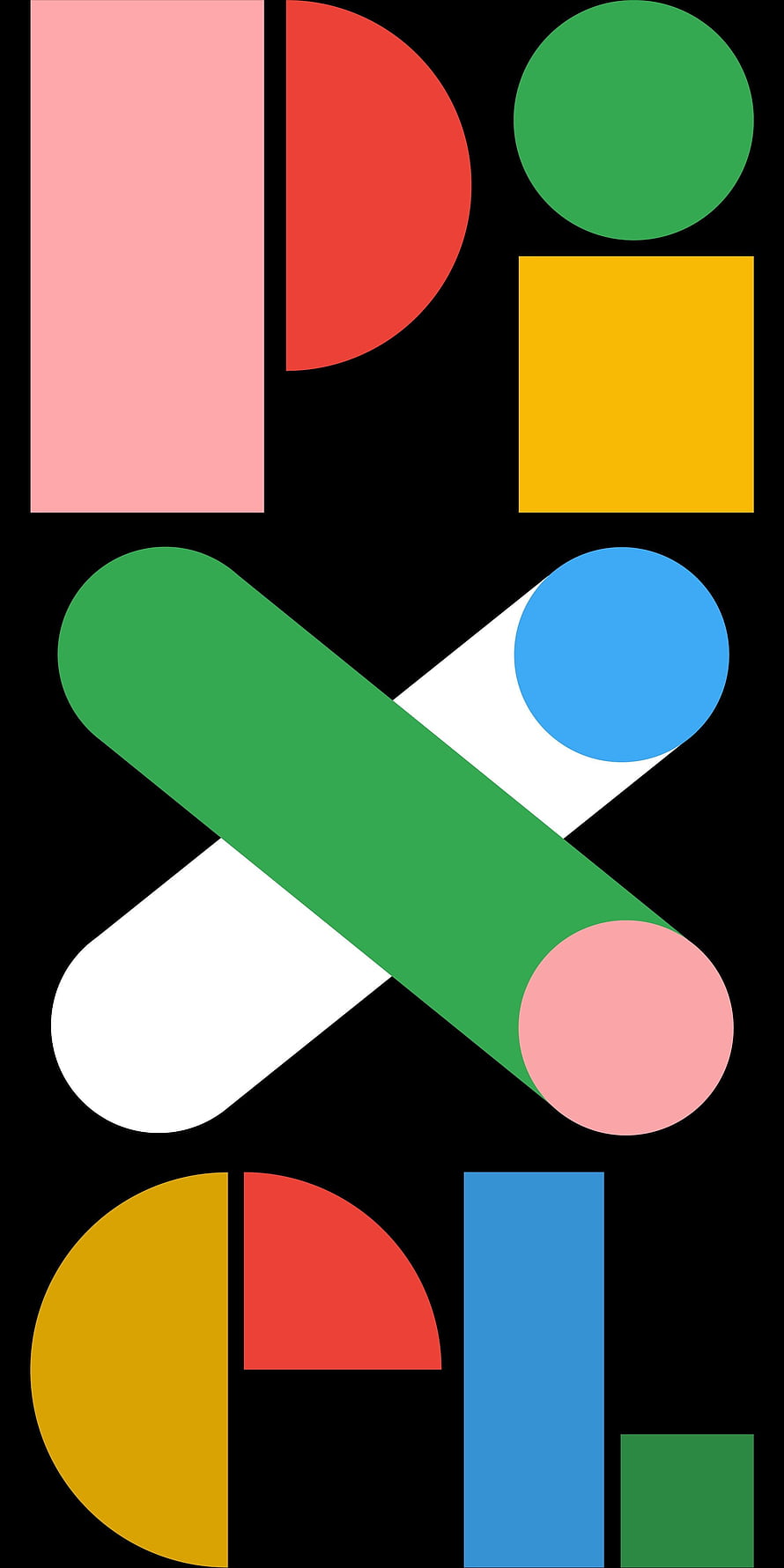Google Pixel Geometric Typography Wallpaper with Bold Colorful Shapes on Black Background HD phone wallpaper