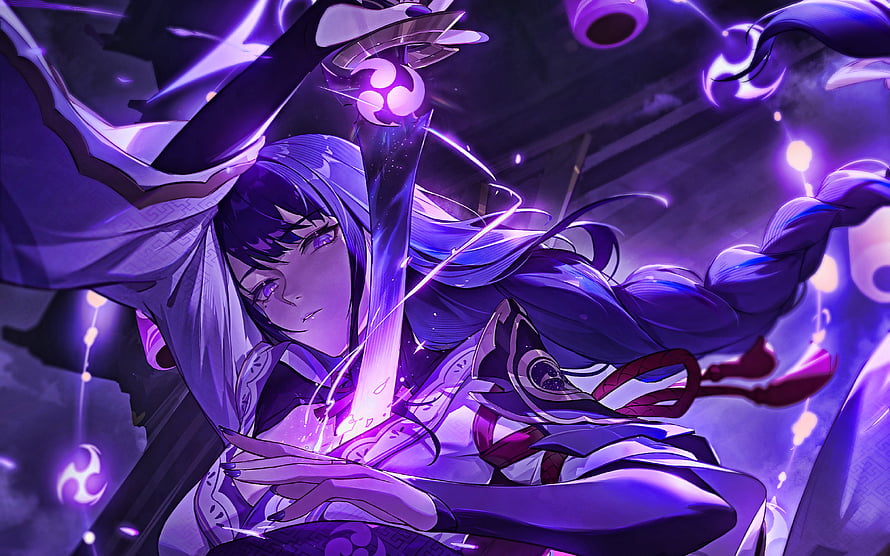 Raiden Shogun wielding a glowing purple sword in a dramatic Genshin Impact anime illustration HD wallpaper