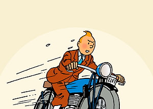 Tintin Riding a Blue Motorcycle in a Classic Cartoon Illustration HD wallpaper