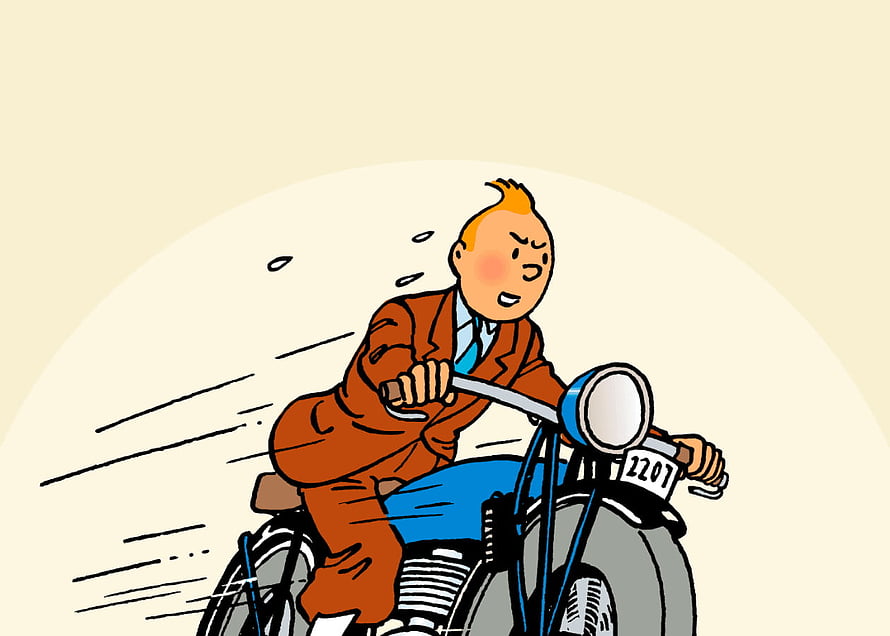 Tintin Riding a Blue Motorcycle in a Classic Cartoon Illustration HD wallpaper