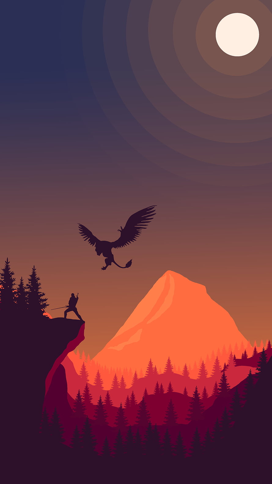 The Witcher 3 Silhouette Artwork of Geralt Confronting a Flying Dragon at Sunset HD phone wallpaper