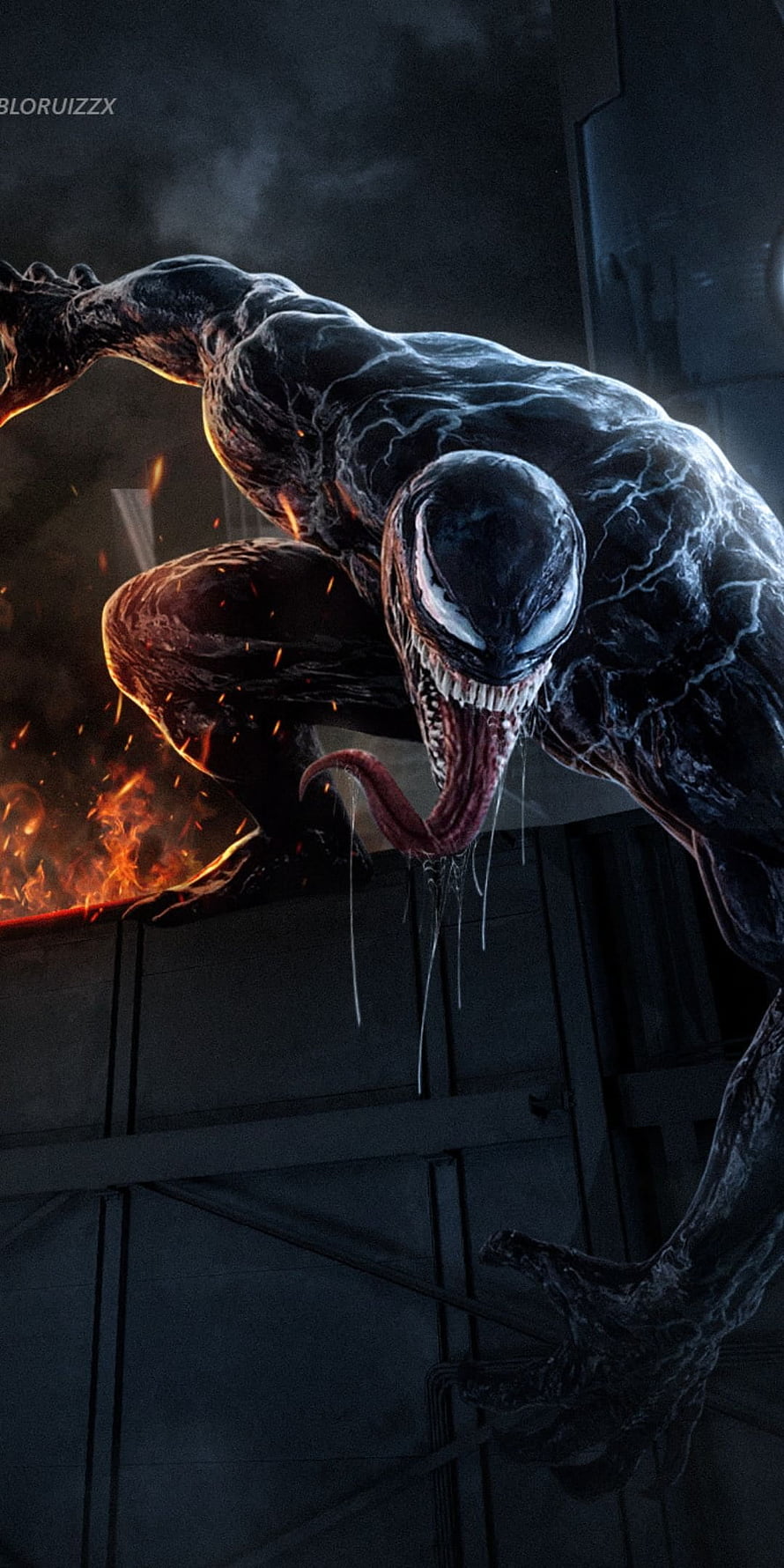 Venom Crouching on Metal Structure with Fire and Sparks in Dark Industrial Setting HD phone wallpaper