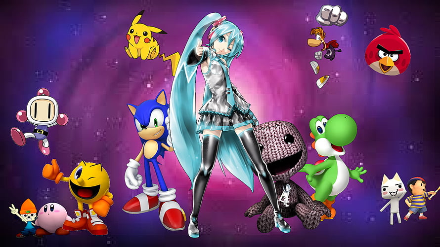 Hatsune Miku and Video Game Characters on Purple Background HD wallpaper
