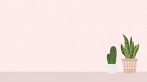 Minimalist Pink Background with Potted Cactus and Snake Plant Illustration HD wallpaper