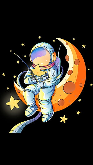 Cute Astronaut Fishing for Stars on a Crescent Moon in Space HD phone wallpaper