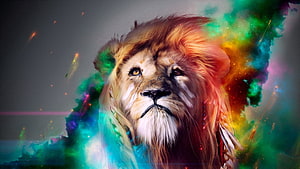 Vibrant Multicolored Smoke Lion Portrait with Cosmic Nebula Background HD wallpaper