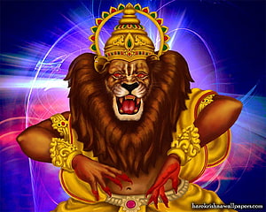 Lord Narasimha Swamy Digital Art with Golden Crown and Radiant Aura HD wallpaper