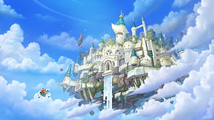 Guardian Tales Floating Sky Castle with Teal Spires and Cloudy Blue Sky HD wallpaper