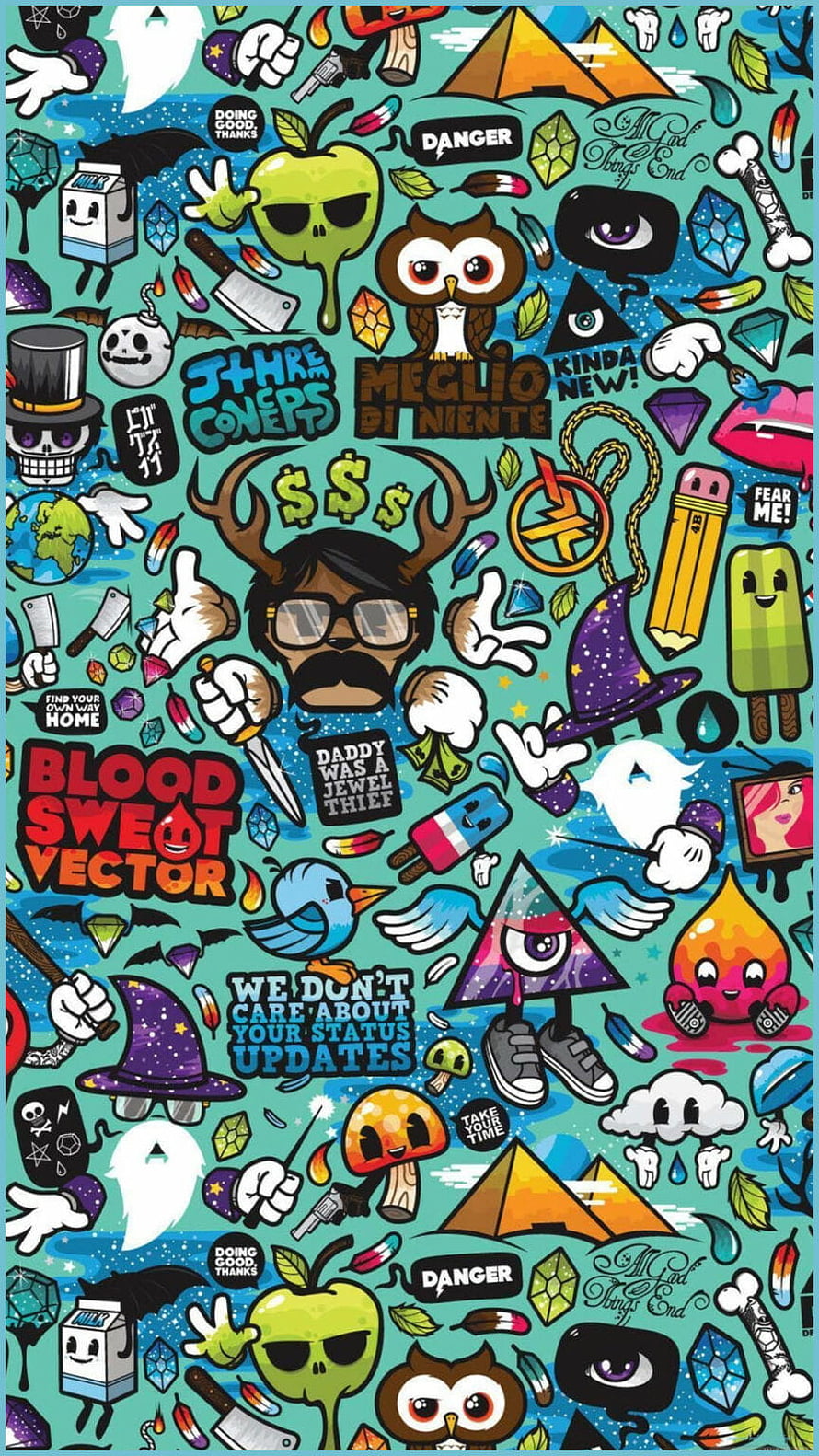 Colorful Vector Doodle Pattern With Skulls, Owls, And Whimsical Illustrations HD phone wallpaper