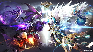 Summoners War Fantasy Battle Art Featuring Angelic and Demon Characters in Dynamic Combat HD wallpaper