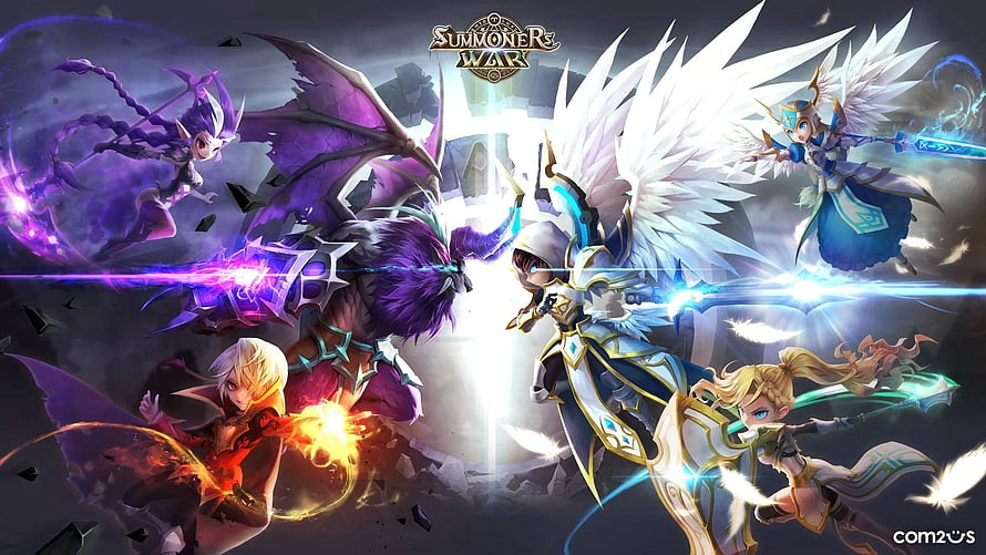 Summoners War Fantasy Battle Art Featuring Angelic and Demon Characters in Dynamic Combat HD wallpaper