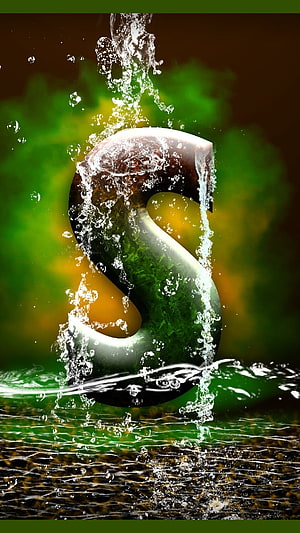 Glossy Letter S with Water Splash and Green Nature Background HD phone wallpaper