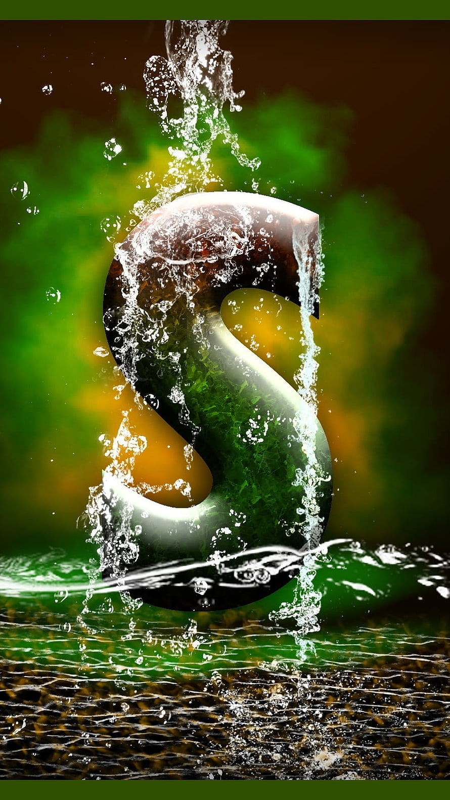 Glossy Letter S with Water Splash and Green Nature Background HD phone wallpaper