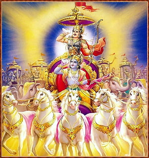 Lord Krishna and Arjuna on Divine Chariot with White Horses HD phone wallpaper
