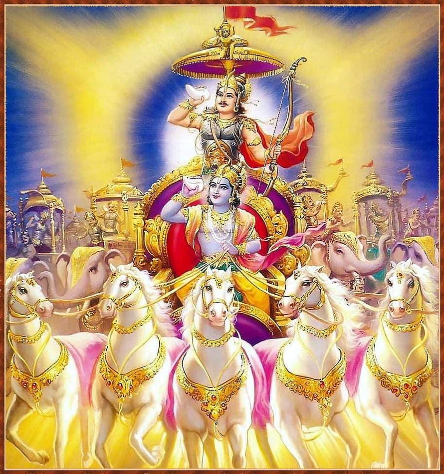 Lord Krishna and Arjuna on Divine Chariot with White Horses HD phone wallpaper