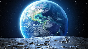 Planet Earth Rising Over The Moon Surface With Craters And Starry Space Background HD wallpaper