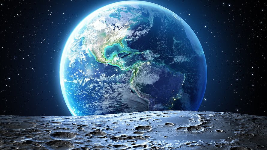 Planet Earth Rising Over The Moon Surface With Craters And Starry Space Background HD wallpaper