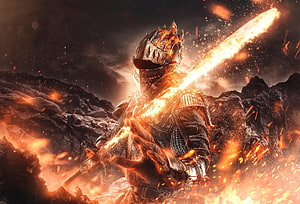 Dark Souls Knight Wielding a Blazing Flame Sword in a Volcanic Battlefield HD wallpaper