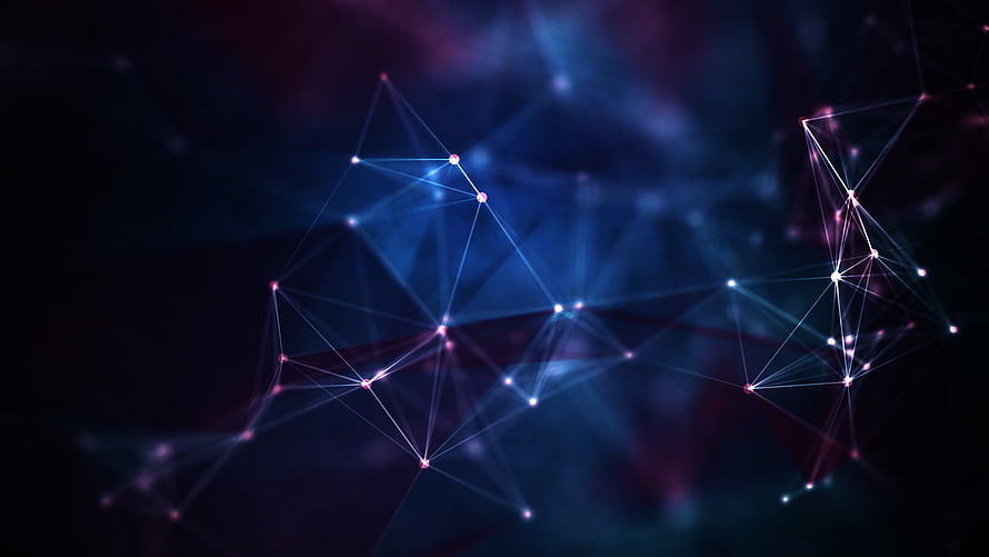 Glowing Digital Network Nodes Connected by Lines on a Dark Blue and Purple Abstract Background HD wallpaper
