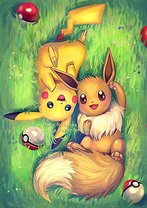 Pikachu and Eevee Resting in a Lush Green Meadow with Scattered Poké Balls HD phone wallpaper