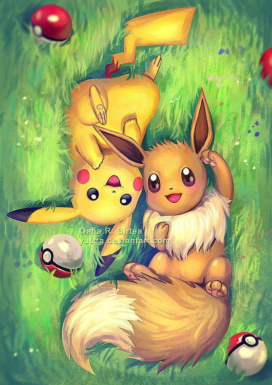 Pikachu and Eevee Resting in a Lush Green Meadow with Scattered Poké Balls HD phone wallpaper