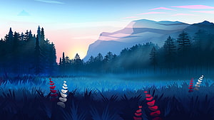 Serene Mountain Valley at Dawn with Misty Forest and Colorful Grasses HD wallpaper