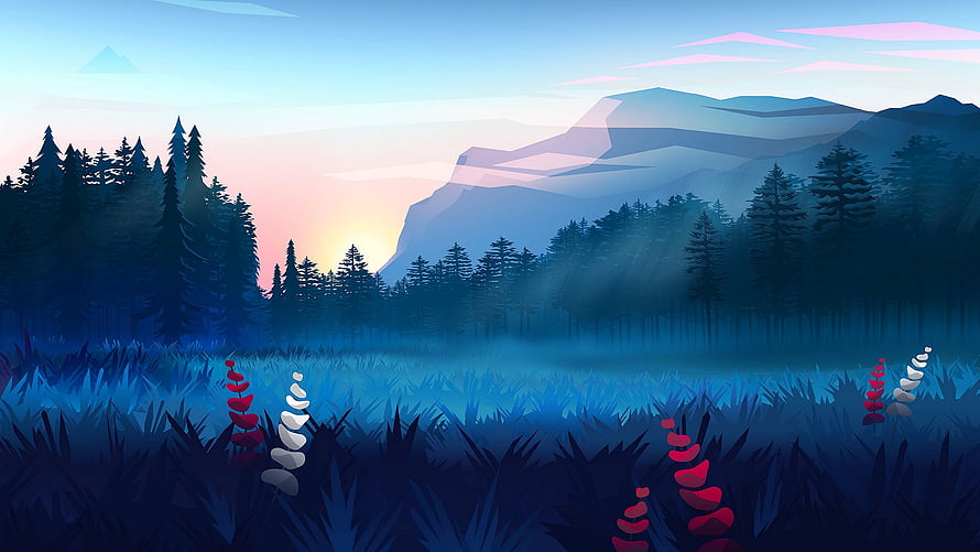 Serene Mountain Valley at Dawn with Misty Forest and Colorful Grasses HD wallpaper