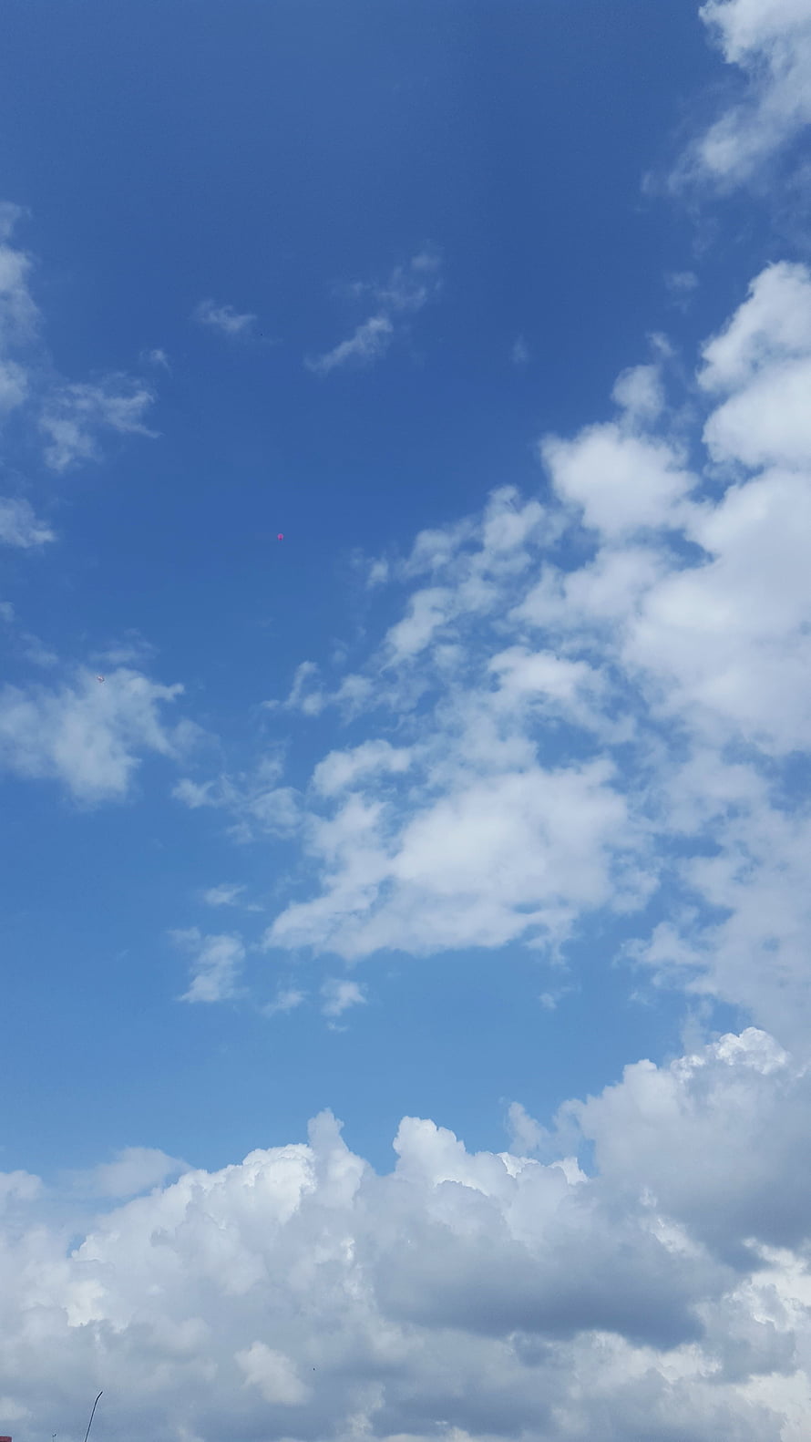 Serene Blue Sky With Fluffy White Cumulus Clouds And A Tiny Red Kite HD phone wallpaper