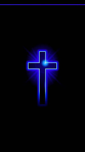 Glowing Blue Neon Cross On Black Background With Light Rays HD phone wallpaper