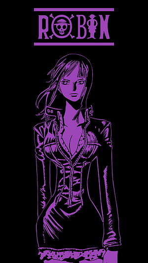 Nico Robin One Piece Anime Character Purple Line Art Portrait on Black Background HD phone wallpaper