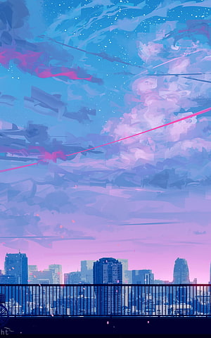 Vibrant Anime Cityscape at Twilight with Pink and Blue Sky HD phone wallpaper