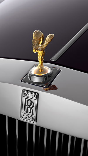 Golden Spirit of Ecstasy Hood Ornament on Rolls-Royce Car Front Grille HD phone wallpaper