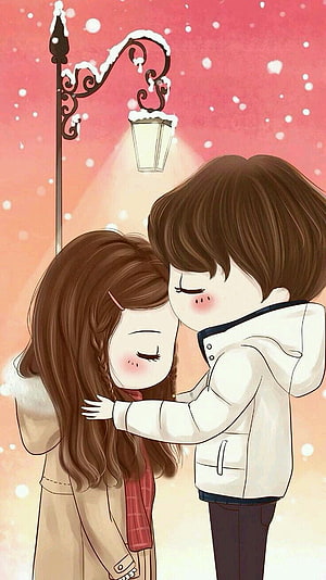 Cute Chibi Anime Couple Embracing Under Snowy Street Lamp HD phone wallpaper