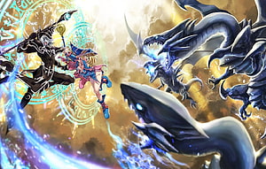 Yu-Gi-Oh! Duelist and Dark Warrior Confronting Giant Dragons in Magical Battle HD wallpaper