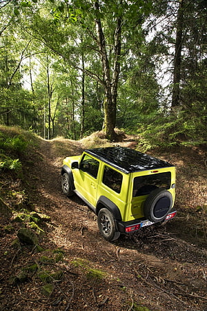 Lime Green Suzuki Jimny Off-Roading on a Forest Trail HD phone wallpaper
