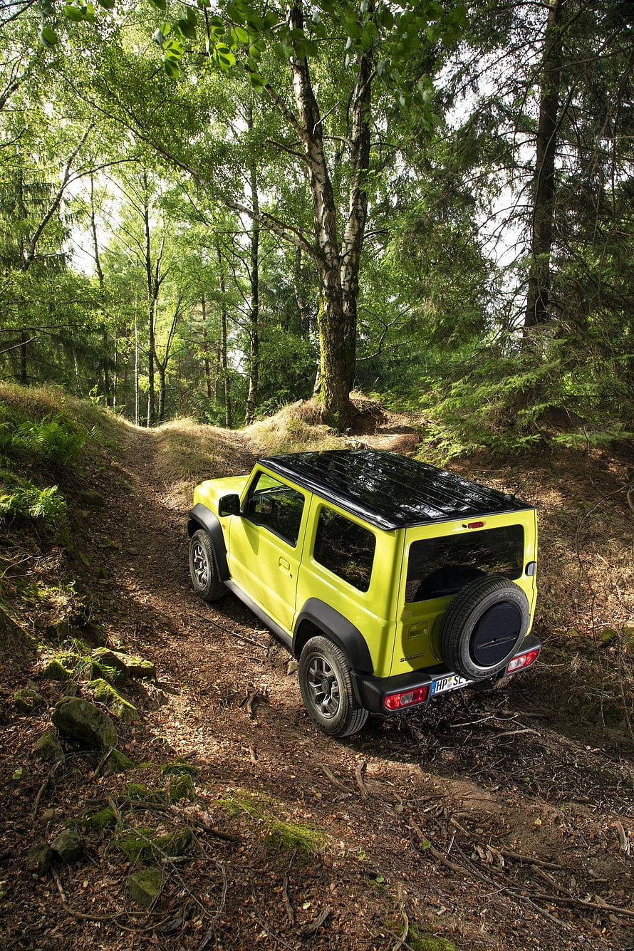 Lime Green Suzuki Jimny Off-Roading on a Forest Trail HD phone wallpaper
