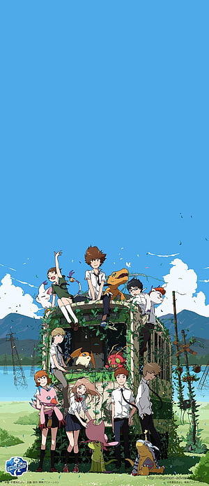 Digimon Adventure Tri. Group Portrait on Overgrown Train Car Under Blue Sky HD phone wallpaper