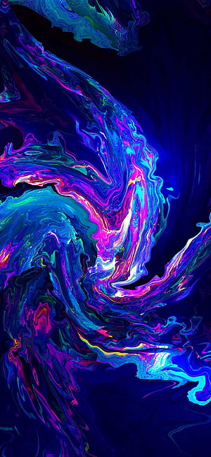 Vibrant Neon Liquid Abstract Art with Swirling Purple and Cyan Flows on Dark Background HD phone wallpaper