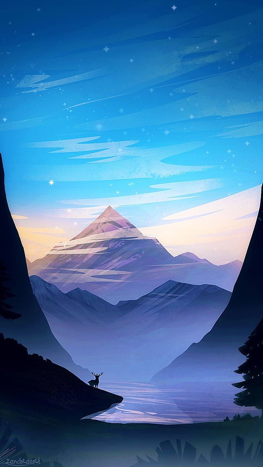 Stylized Digital Art of a Deer Silhouette Overlooking a Lake and Majestic Mountain Peak Under a Starry Night Sky HD phone wallpaper