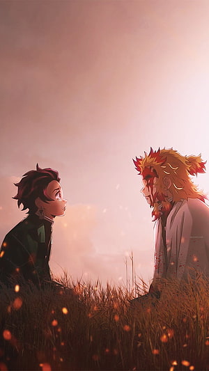 Tanjiro Kamado and Rengoku Kyojuro facing each other in a grassy field at sunset HD phone wallpaper
