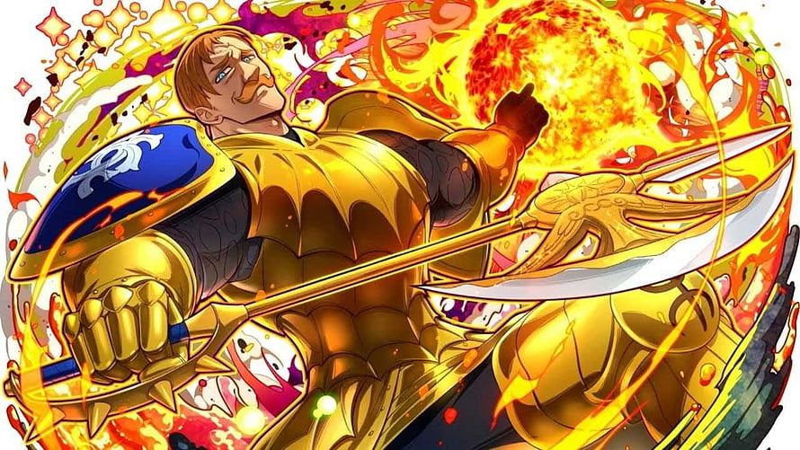 Escanor in Golden Armor Wielding a Sword Amidst a Fiery Explosion HD wallpaper