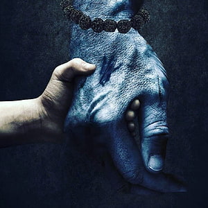 Blue textured hand with prayer beads holding a smaller human hand in dark moody lighting, Lord Shiva Angry High Resolution, Shiva Dark HD wallpaper